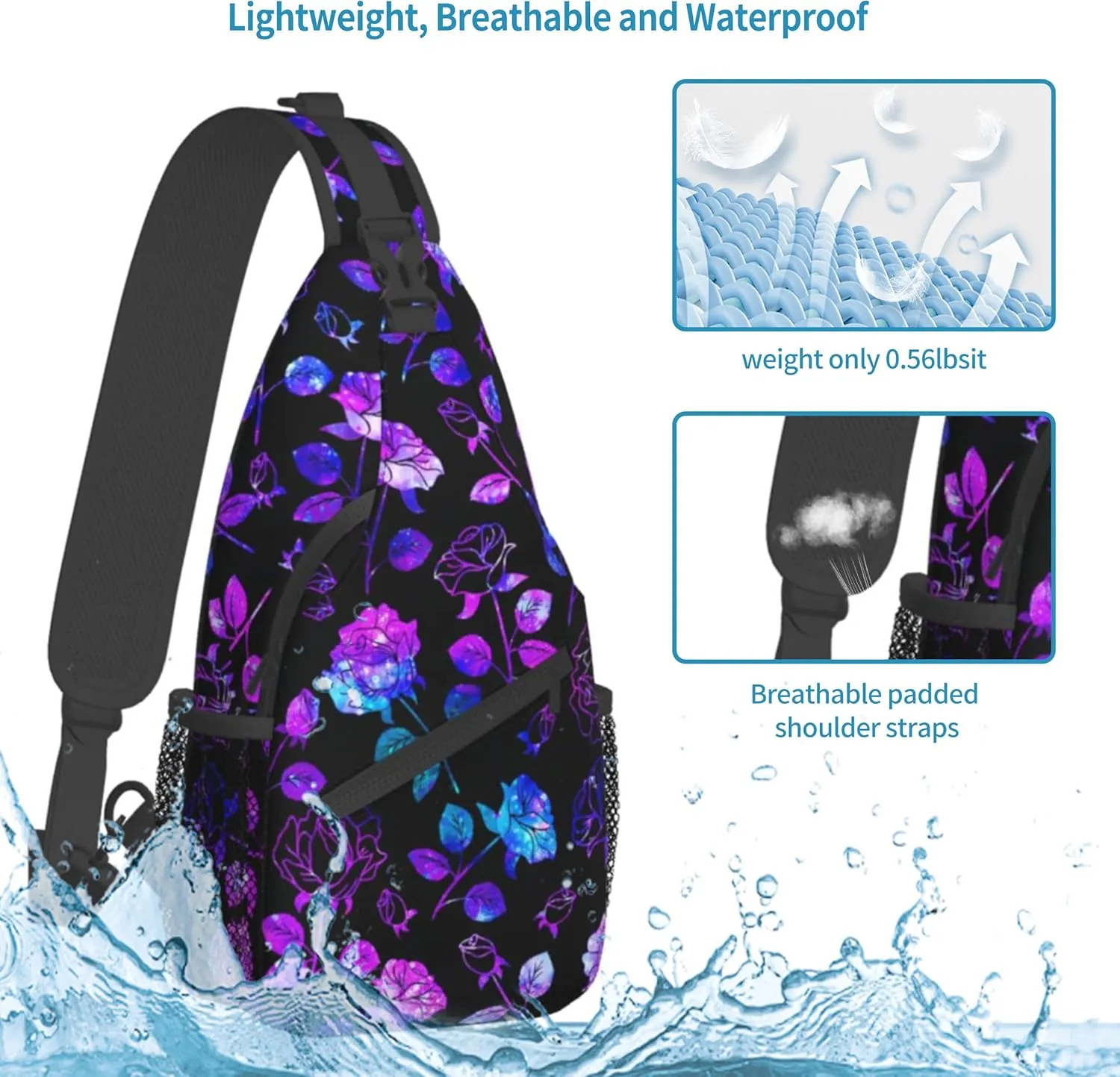 Flower Sling Bag,Lightweight Crossbody Sling Backpack Chest Bag Adjustable Casual Shoulder Backpack Floral Design Travel Hiking Daypack for Men Women