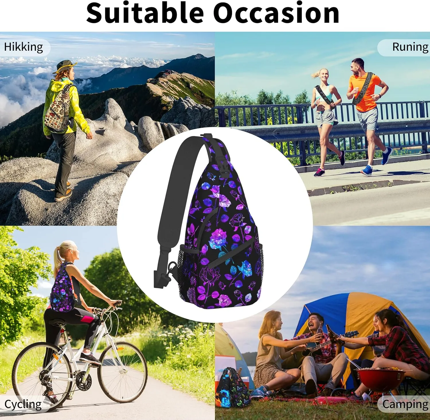 Flower Sling Bag,Lightweight Crossbody Sling Backpack Chest Bag Adjustable Casual Shoulder Backpack Floral Design Travel Hiking Daypack for Men Women