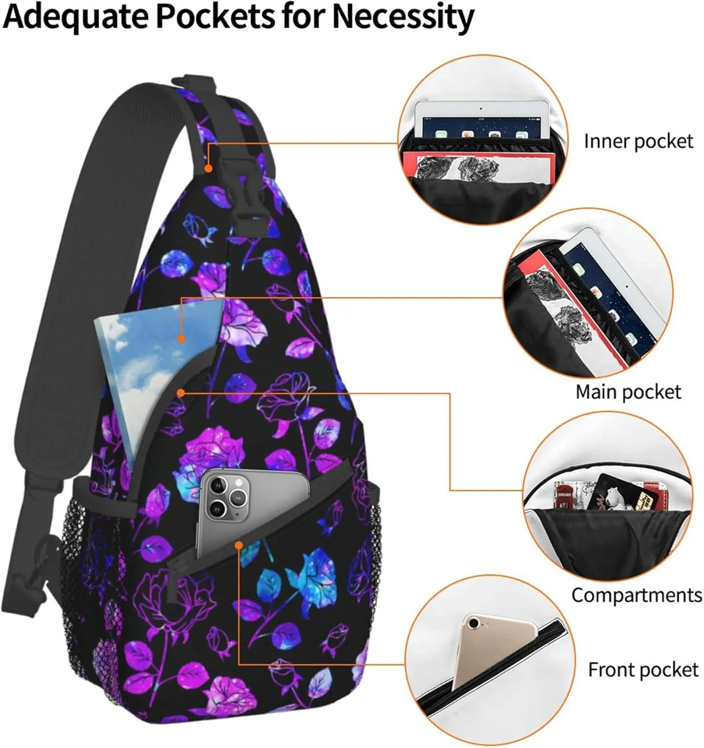Flower Sling Bag,Lightweight Crossbody Sling Backpack Chest Bag Adjustable Casual Shoulder Backpack Floral Design Travel Hiking Daypack for Men Women
