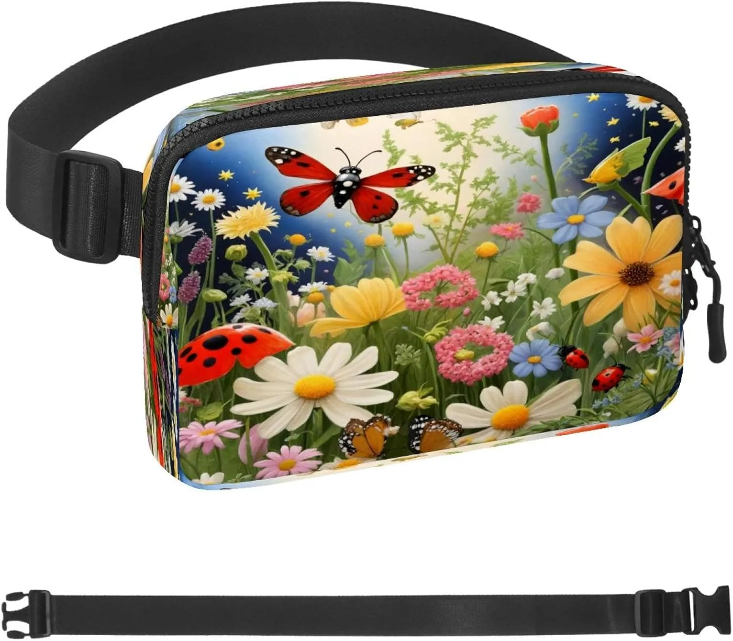 Flowering Shrubs Ladybug Fanny Packs for Women Men, Crossbody Belt Bag with Zipper Pockets,Waterproof Waist Packs with Adjustable Strap for Workout Running Traveling Hiking