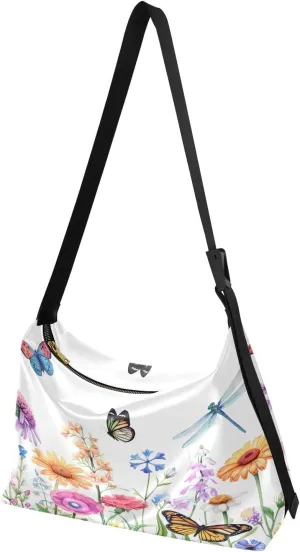 Flowers Dragonfly Field White Hobo Shoulder Bag for Women Men PU Leather Crossbody Bag Slouchy Tote Handbags for Traveling Shopping Working