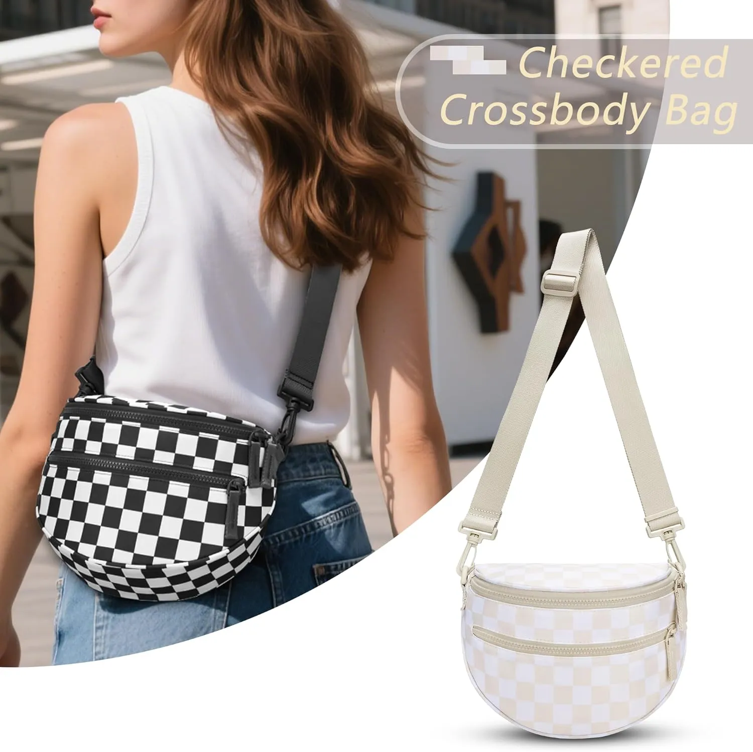 FODOKO Black and White Checkered Crossbody Bag Bum Bag for Women,checkered fanny pack Handbags Wallets Small Slouchy Belt Bag (beige)