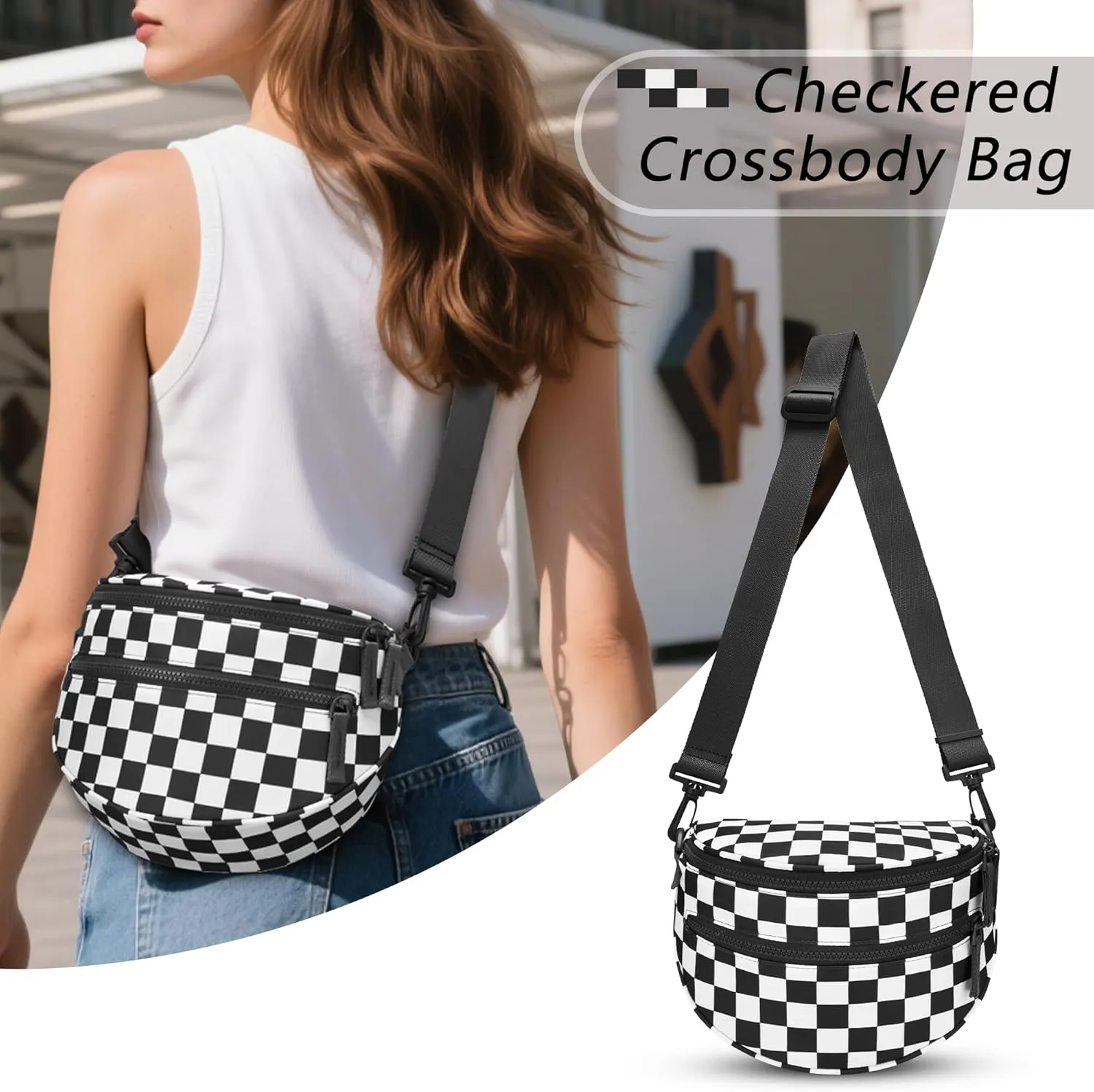 FODOKO Black and White Checkered Crossbody Bag Bum Bag for Women,checkered fanny pack Handbags Wallets Small Slouchy Belt Bag (black)