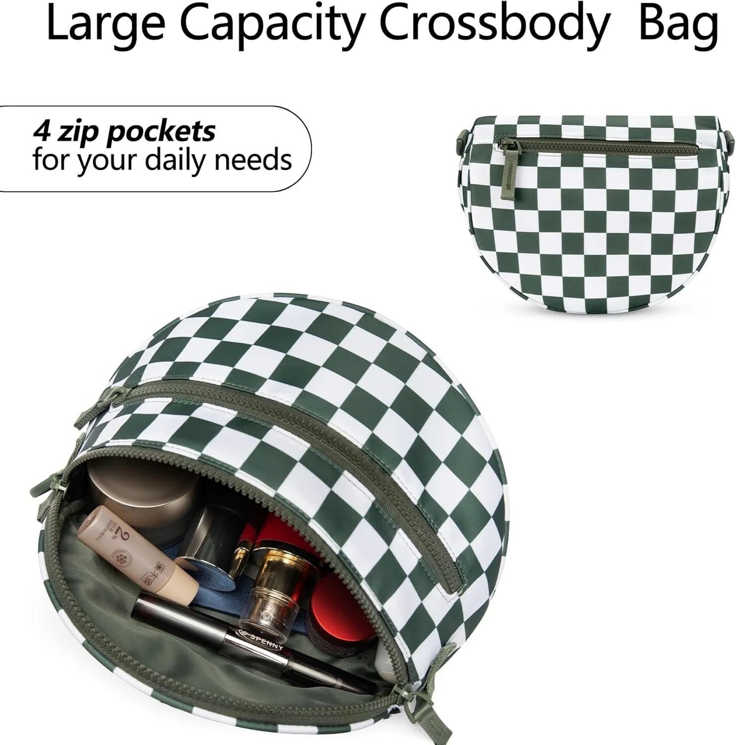 FODOKO Black and White Checkered Crossbody Bag Bum Bag for Women,checkered fanny pack Handbags Wallets Small Slouchy Belt Bag (pea green)