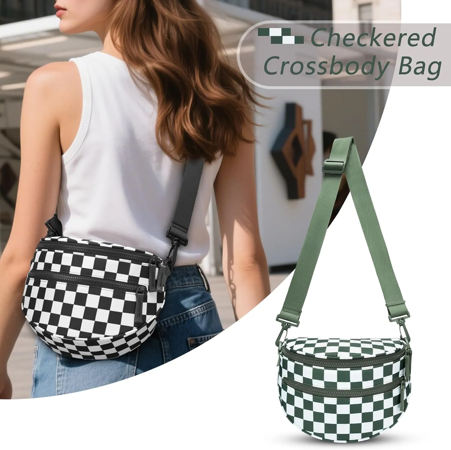 FODOKO Black and White Checkered Crossbody Bag Bum Bag for Women,checkered fanny pack Handbags Wallets Small Slouchy Belt Bag (pea green)