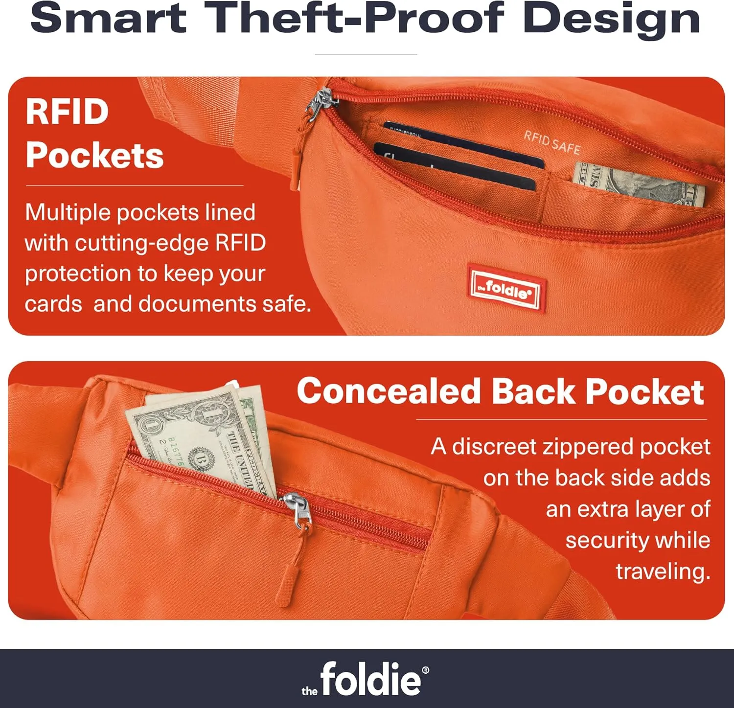 Foldable Crossbody Bags for Women & Men - Anti-Theft RFID-Safe Fanny Pack with Smart Lockable Zippers and Cut-Resistant Strap - Lightweight Waist Pack for Travel & Everyday Use - Orange