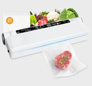Food Saver Vacuum Sealer Machine, 75KPA Strong Suction, Dry/Wet Modes, 20 Vacuum Seal Bags for Food, Digital Countdown Timer, Compact Lightweight, Ideal for Home Kitchen Use