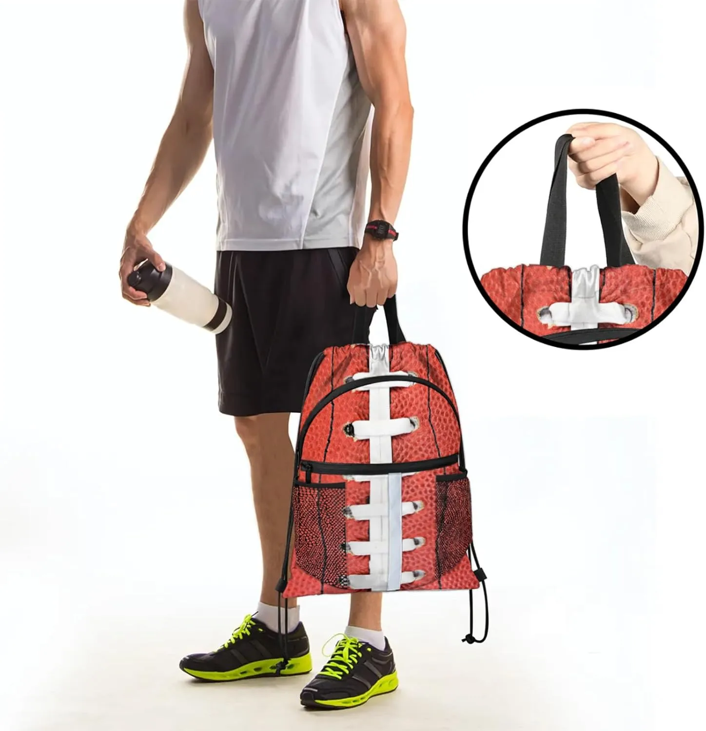 Football Laces Drawstring Backpack,Waterproof Sports Gym Bag with Shoes Compartment and Bottle Holder,Travel Tote Bags for Beach,Swimming,Yoga Gifts