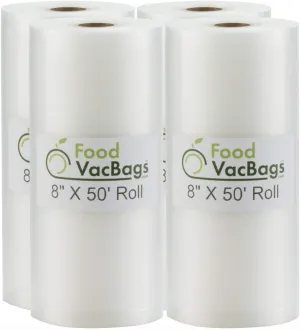 Four FoodVacBags 8" X 50' Commercial Vacuum Sealer Rolls Food Storage Bags compatible with Foodsaver and Sous Vide cooking (200 feet)