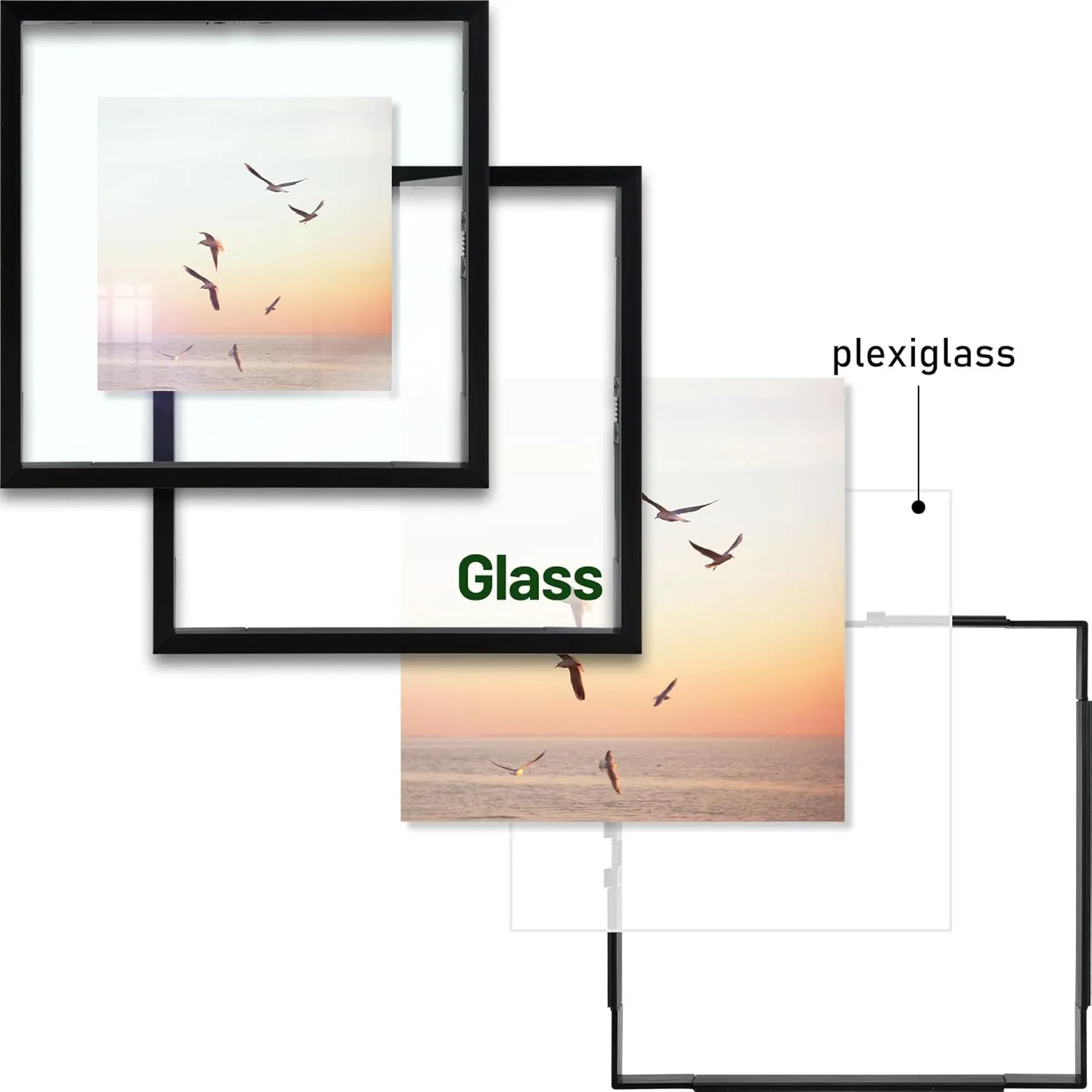 Frametory, Floating Picture Frame 8x8 - Black Aluminum Metal Photo Frame - Real Glass of Front - for Wall Mount Displays