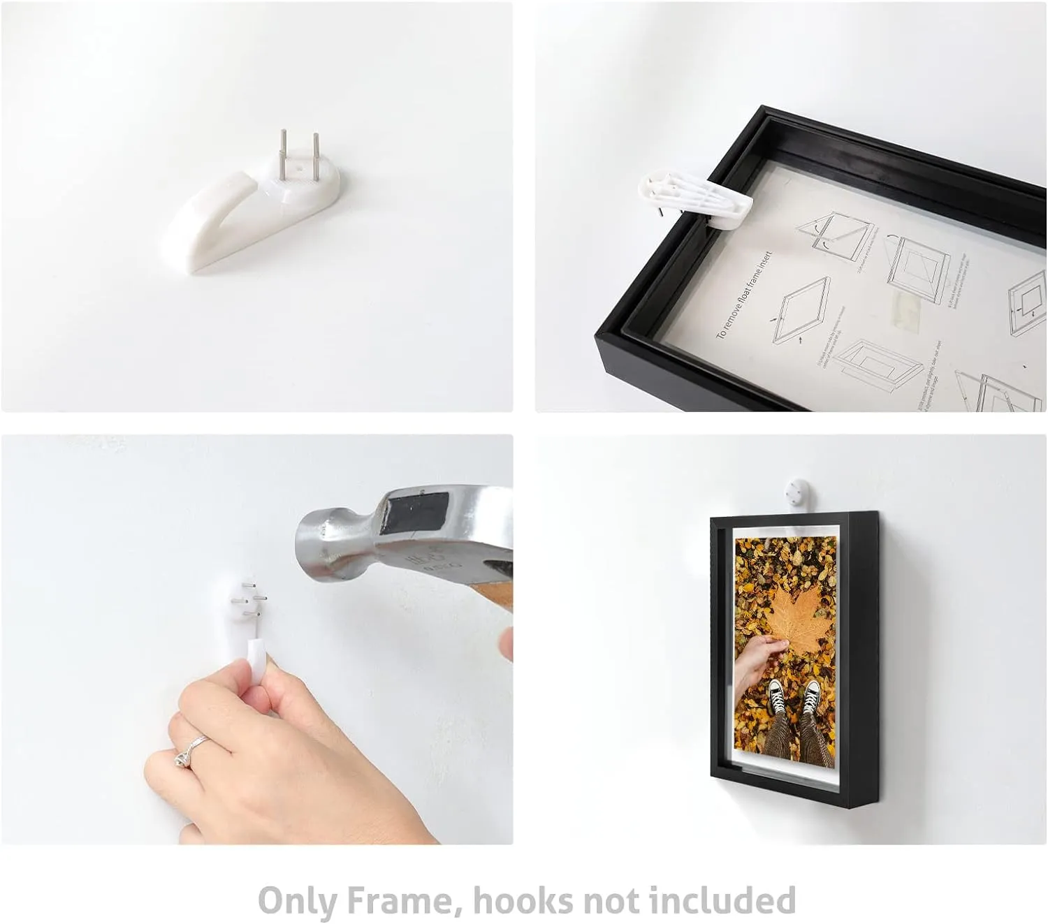 Frametory, Floating Picture Frame 8x8 - Black Aluminum Metal Photo Frame - Real Glass of Front - for Wall Mount Displays
