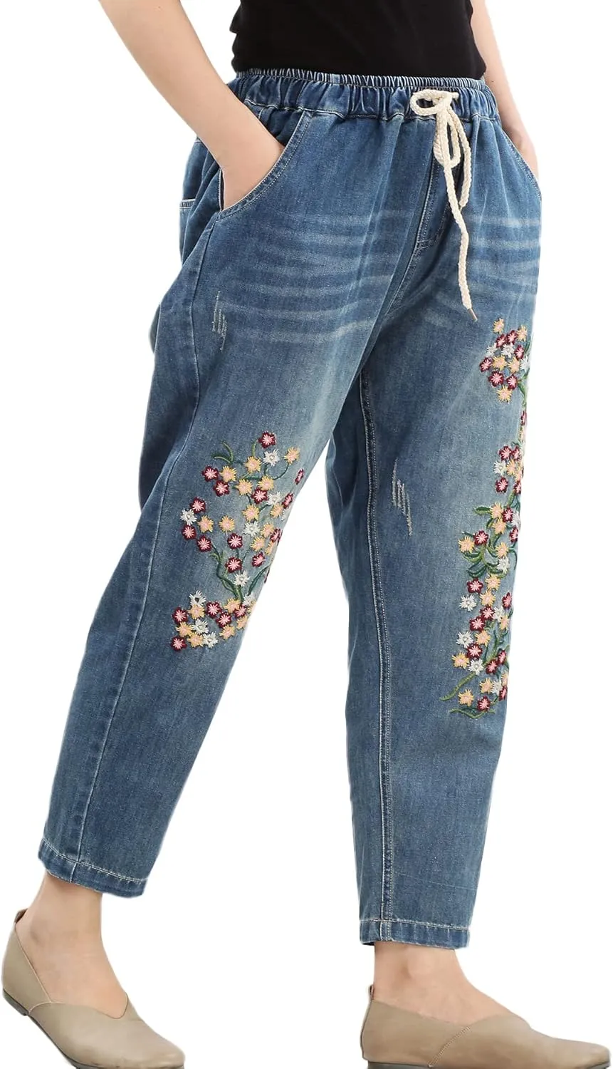 FTCayanz Women's Elastic Waist Cropped Jeans Baggy Drawstring Stretch Denim Pants with Pockets