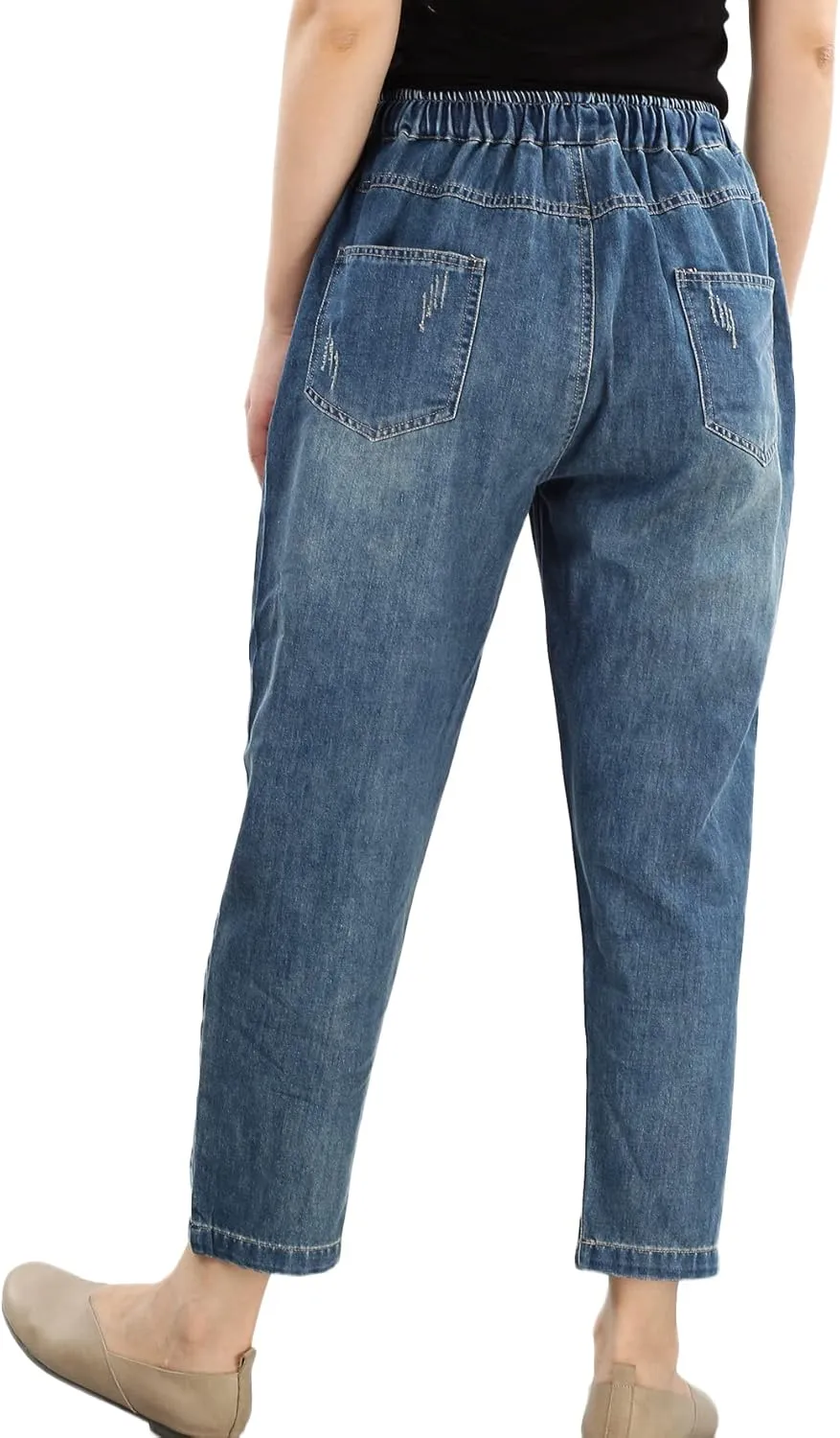 FTCayanz Women's Elastic Waist Cropped Jeans Baggy Drawstring Stretch Denim Pants with Pockets