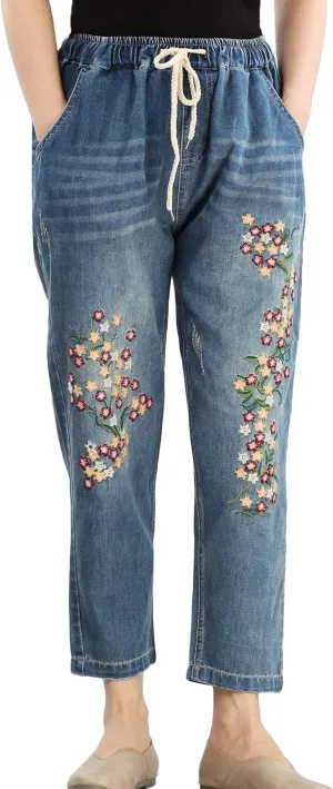 FTCayanz Women's Elastic Waist Cropped Jeans Baggy Drawstring Stretch Denim Pants with Pockets