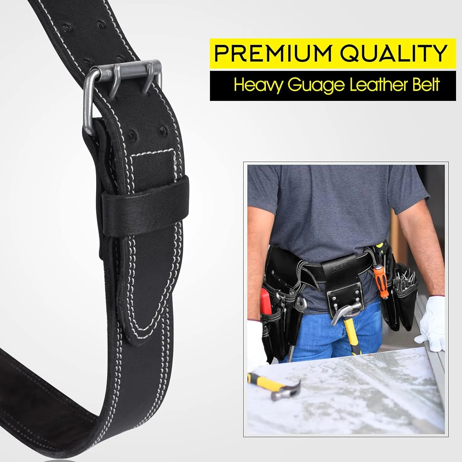 FUERI Tool Belt Heavy Duty Black Leather Utility Belts for Bags Construction Carpenters Electricians Framers Ironworkers Men Pouches Suspenders Women