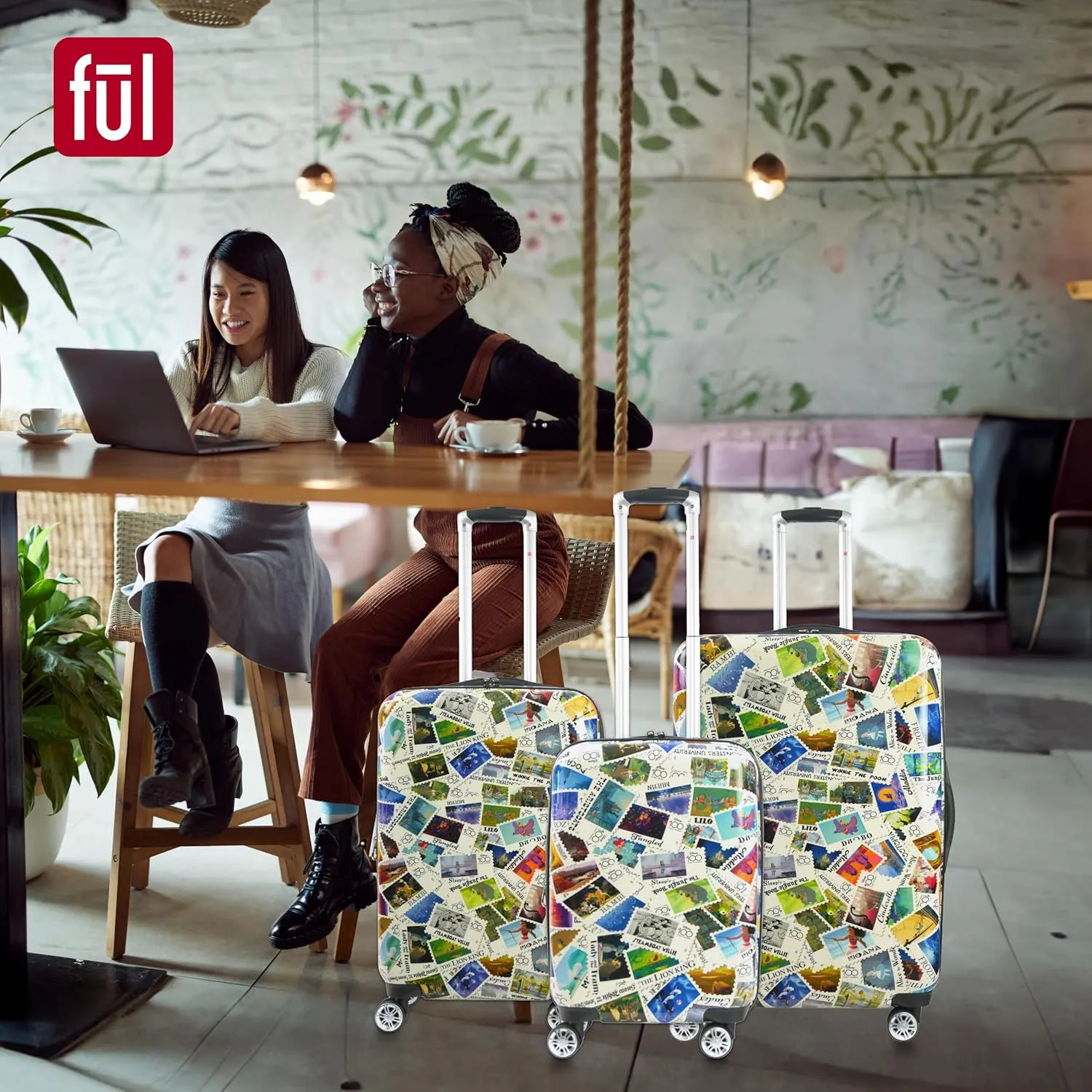 FUL Rolling Luggage, Disney Stamps Harrdshell Carry on Suitcase with Spinner Wheels, Multi, 22 Inch