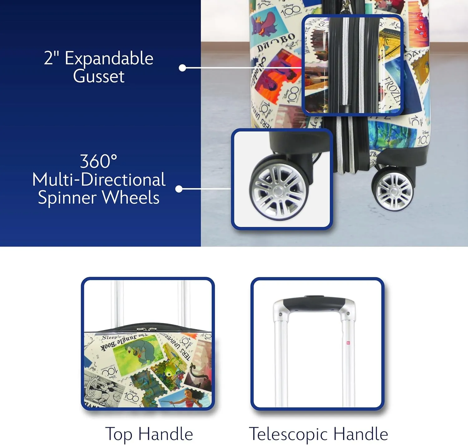 FUL Rolling Luggage, Disney Stamps Harrdshell Carry on Suitcase with Spinner Wheels, Multi, 22 Inch