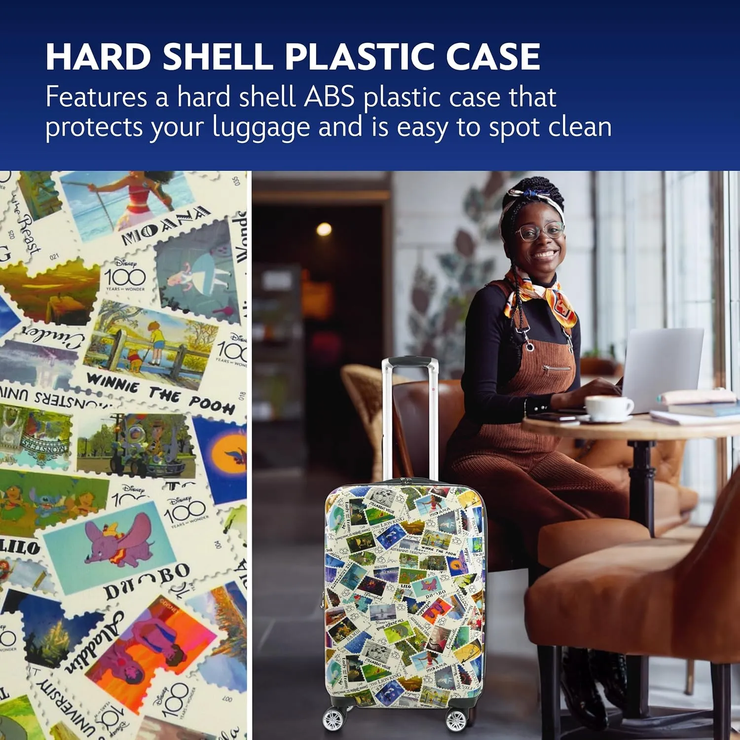 FUL Rolling Luggage, Disney Stamps Harrdshell Carry on Suitcase with Spinner Wheels, Multi, 22 Inch