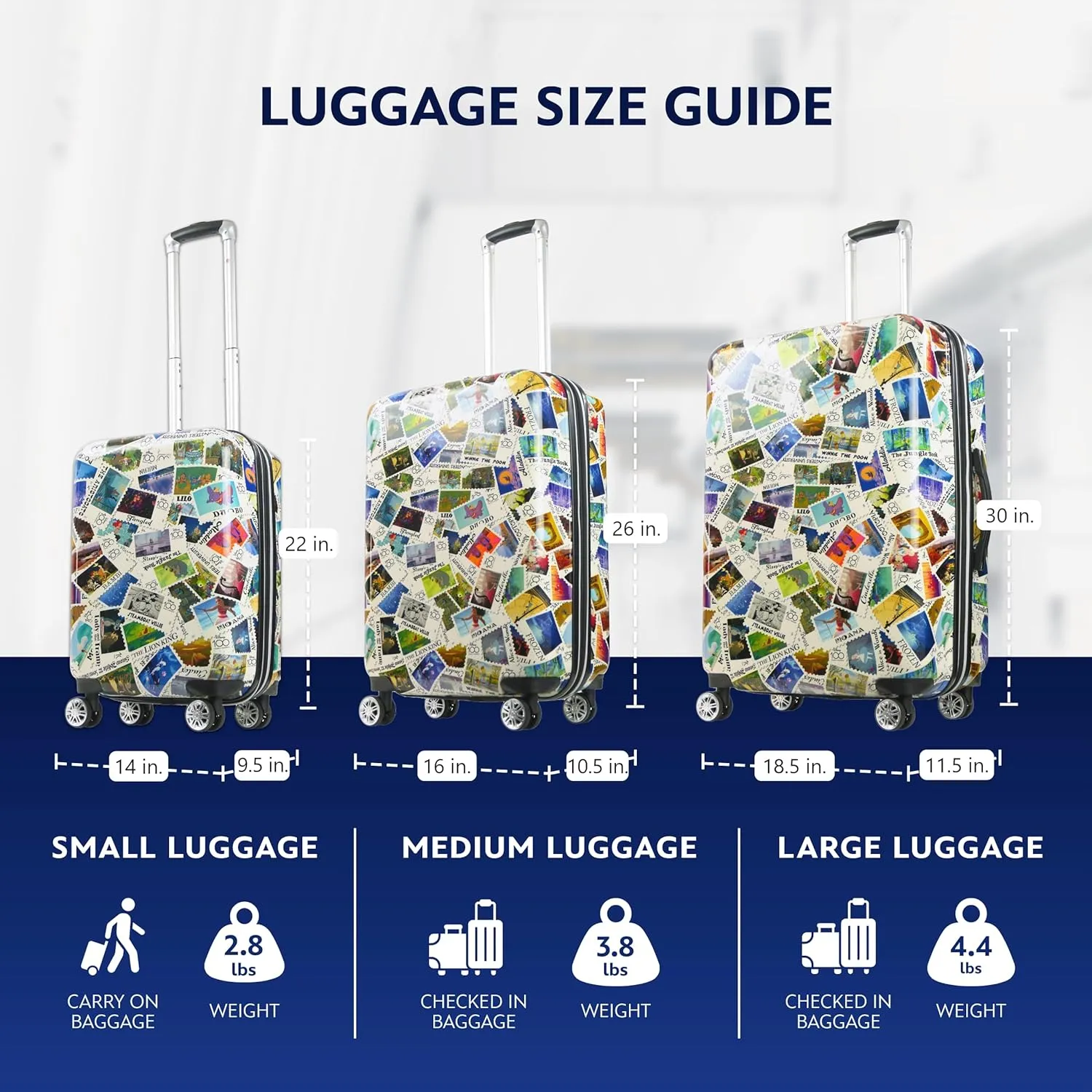 FUL Rolling Luggage, Disney Stamps Harrdshell Carry on Suitcase with Spinner Wheels, Multi, 22 Inch