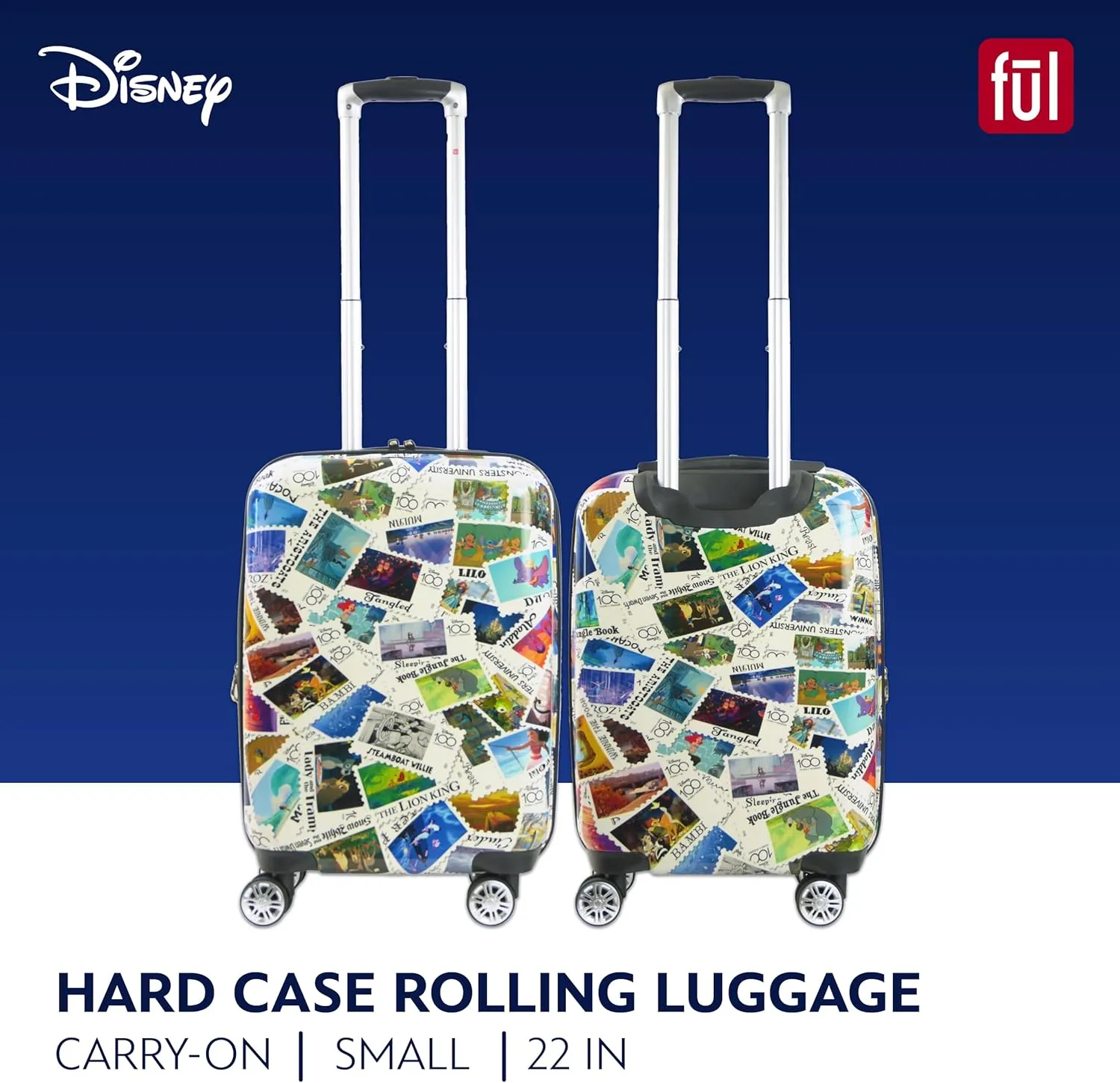 FUL Rolling Luggage, Disney Stamps Harrdshell Carry on Suitcase with Spinner Wheels, Multi, 22 Inch