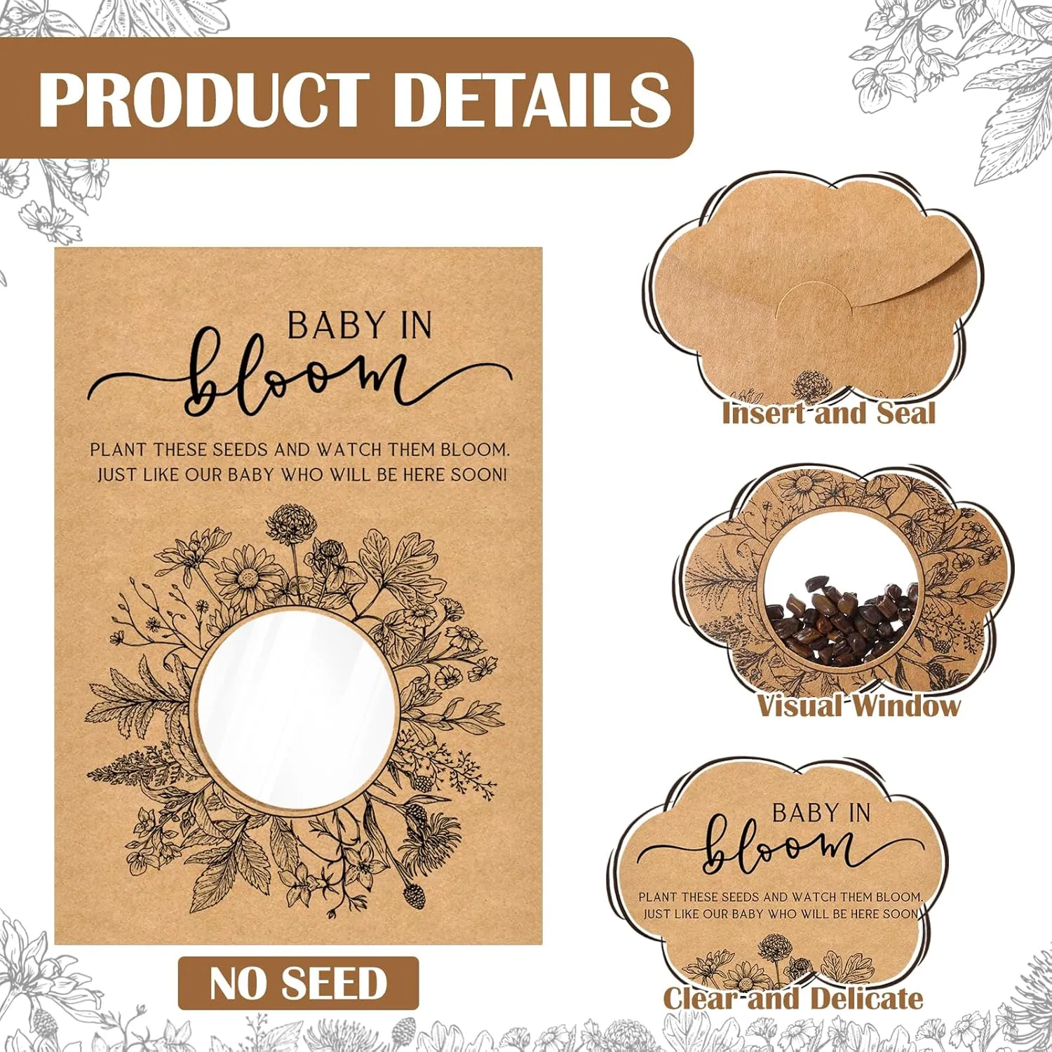 Fumete 100 Pack Baby in Bloom Baby Shower Favor For Guest Wildflower Seeds Packets Party Favor with Window Envelopes Resealable Organizer Storage Bag for Gender Reveal Party