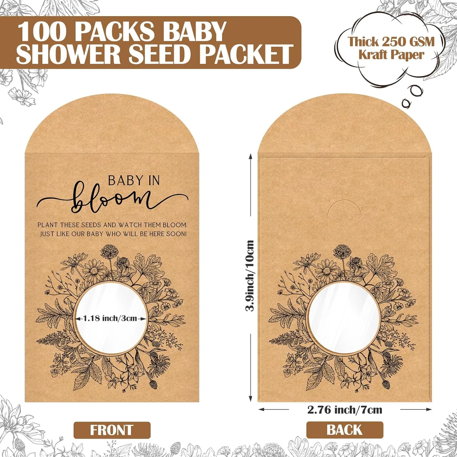 Fumete 100 Pack Baby in Bloom Baby Shower Favor For Guest Wildflower Seeds Packets Party Favor with Window Envelopes Resealable Organizer Storage Bag for Gender Reveal Party