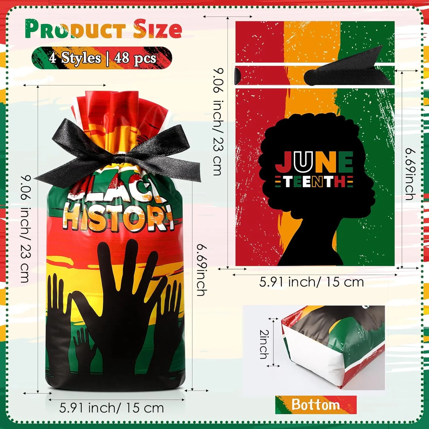 Funnymoom 48 Pcs Juneteenth Bags June 19 Gift Drawstring Bags Plastic Goodie Treat Bag for Freedom Independence Day African Candy Cookie Party Favor Supplies(Classic)