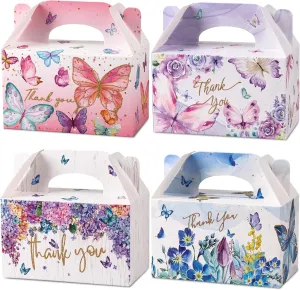 Gable Treat Boxes for Butterfly Party Favors - 24 Pack Paper Candy Boxes with Handles, Butterfly Goodie Bags, Goody Cookie Snacks Gift Box for Birthday, Baby Shower, Wedding, 6.3 x 3.5 x 3.5 Inch