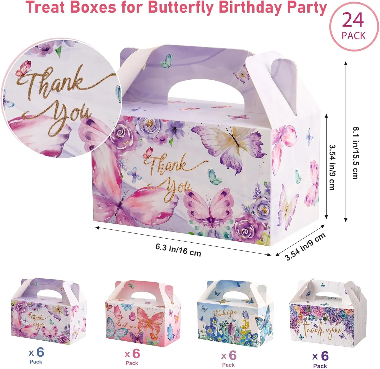 Gable Treat Boxes for Butterfly Party Favors - 24 Pack Paper Candy Boxes with Handles, Butterfly Goodie Bags, Goody Cookie Snacks Gift Box for Birthday, Baby Shower, Wedding, 6.3 x 3.5 x 3.5 Inch