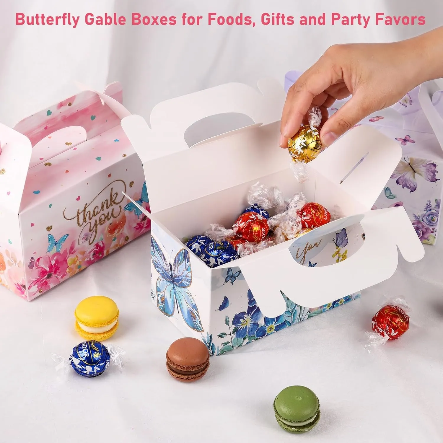 Gable Treat Boxes for Butterfly Party Favors - 24 Pack Paper Candy Boxes with Handles, Butterfly Goodie Bags, Goody Cookie Snacks Gift Box for Birthday, Baby Shower, Wedding, 6.3 x 3.5 x 3.5 Inch