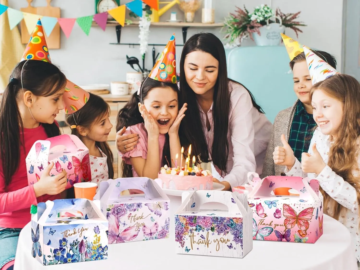 Gable Treat Boxes for Butterfly Party Favors - 24 Pack Paper Candy Boxes with Handles, Butterfly Goodie Bags, Goody Cookie Snacks Gift Box for Birthday, Baby Shower, Wedding, 6.3 x 3.5 x 3.5 Inch