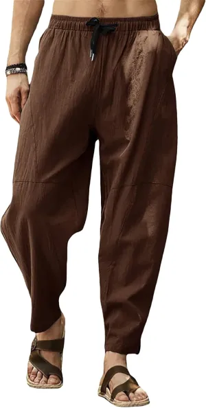 Gafeng Mens Linen Harem Pants Casual Loose Fit Beach Drawstring Elastic Waist Yoga Trousers with Pockets