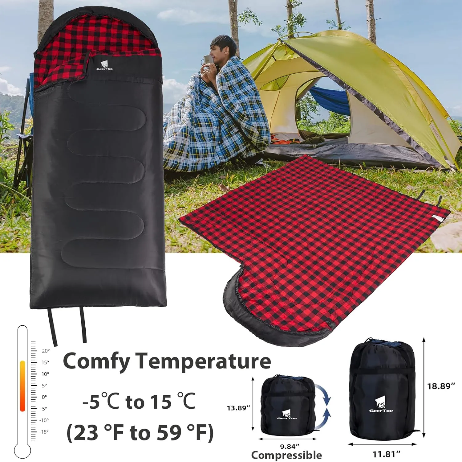 GEERTOP Portable Sleeping Bag Flannel for Adults Big and Tall Lightweight Waterproof Warm 3-4 Season Backpacking Sleeping Bag for Camping Hiking Mountaineering