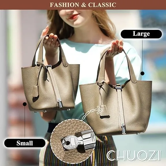 Genuine Leather Bucket Bag for Women, Lock Design Handbags Vegetable Basket, Shoulder Handbag Satchel Purses