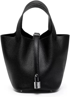 Genuine Leather Bucket Bag for Women, Lock Design Handbags Vegetable Basket, Shoulder Handbag Satchel Purses