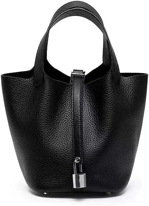 Genuine Leather Bucket Bag for Women, Lock Design Handbags Vegetable Basket, Shoulder Handbag Satchel Purses