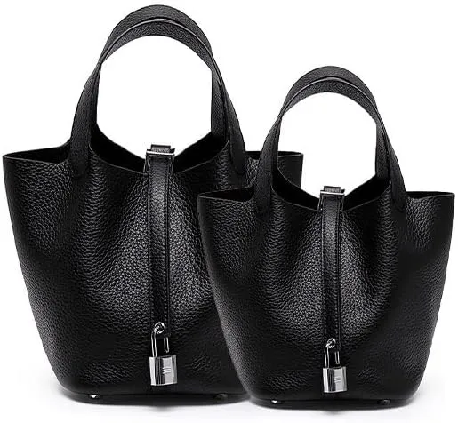 Genuine Leather Bucket Bag for Women, Lock Design Handbags Vegetable Basket, Shoulder Handbag Satchel Purses