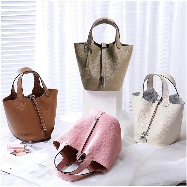Genuine Leather Bucket Bag for Women, Lock Design Handbags Vegetable Basket, Shoulder Handbag Satchel Purses