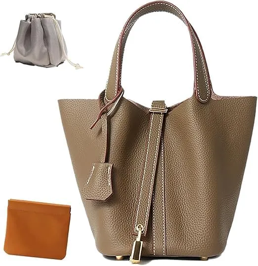 Genuine Leather Bucket Bag Vegetable Basket for Women, Stylish Lock Design Shoulder Handbag, Fashion Tote Bag