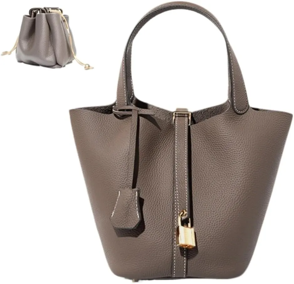 Genuine Leather Bucket Bag with Lock Closure, Vegetable Basket, Stylish and Versatile Shoulder bag, Spacious Tote Bag