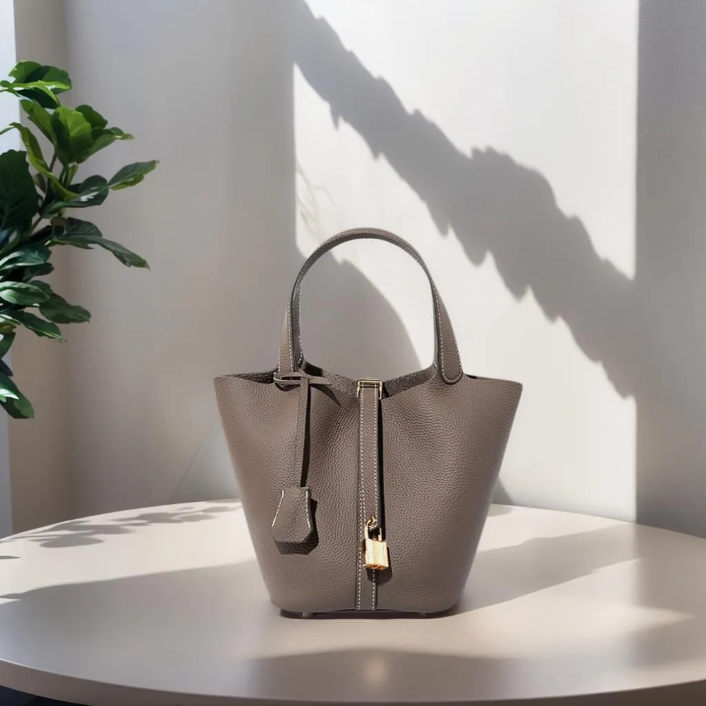 Genuine Leather Bucket Bag with Lock Closure, Vegetable Basket, Stylish and Versatile Shoulder bag, Spacious Tote Bag