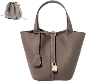 Genuine Leather Bucket Bag with Lock Closure, Vegetable Basket, Stylish and Versatile Shoulder bag, Spacious Tote Bag