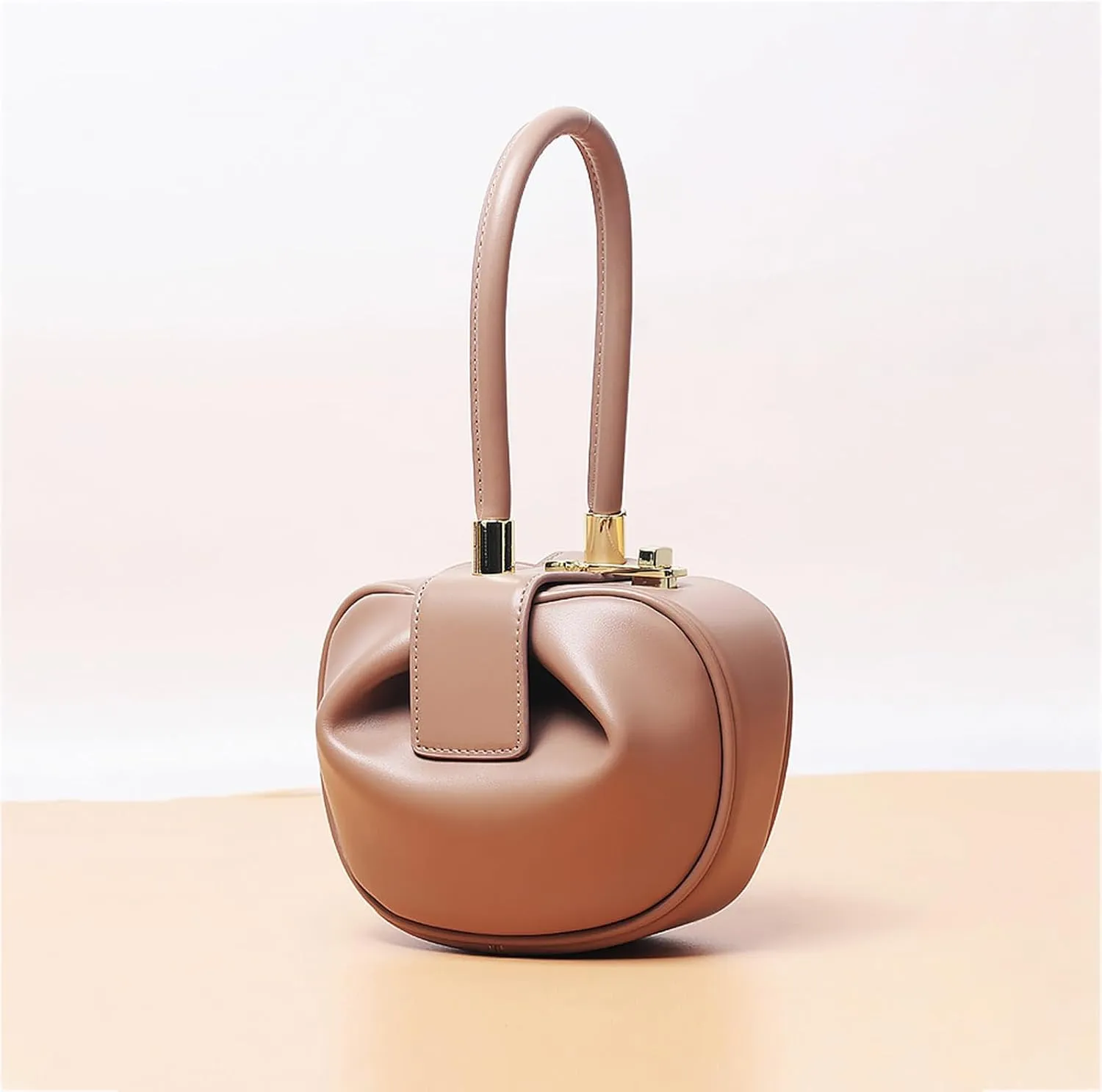 Genuine Leather Handbag, Dumplings Wonton Shoulder Bag, Retro Hobo Wristlet Bag, Women’s Evening Bag with Buckle Lock