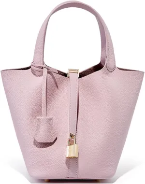 Genuine Leather Lock Design Bucket Bag Vegetable Basket Shoulder Handbag