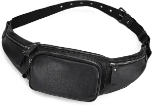 Genuine Leather Slim Waist Pack for Man & Woman, Vintage Design & 4 Zipper Pockets & Adjustable Strap, Large Capacity Fanny Pack Crossbody Belt Bag for Travel or Ride, Black