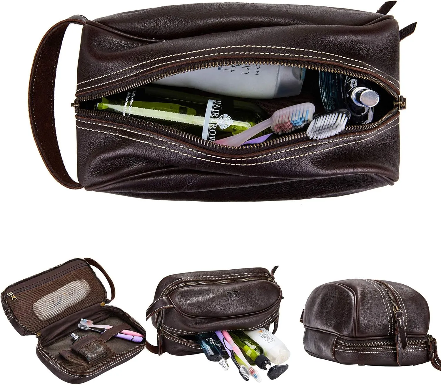 Genuine Leather Travel Toiletry Organizer Dopp Kit Water-resistant Shaving Bag for Toiletries Accessories For Men Women (Dark Brown)