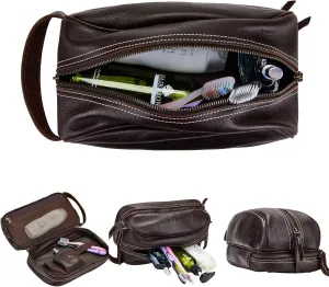Genuine Leather Travel Toiletry Organizer Dopp Kit Water-resistant Shaving Bag for Toiletries Accessories For Men Women (Dark Brown)