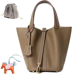 Genuine Leather Women's Bucket Bag Fashionable Lock Closure, Elegant Portable Shoulder Bag for Daily Use fashion Female Bag
