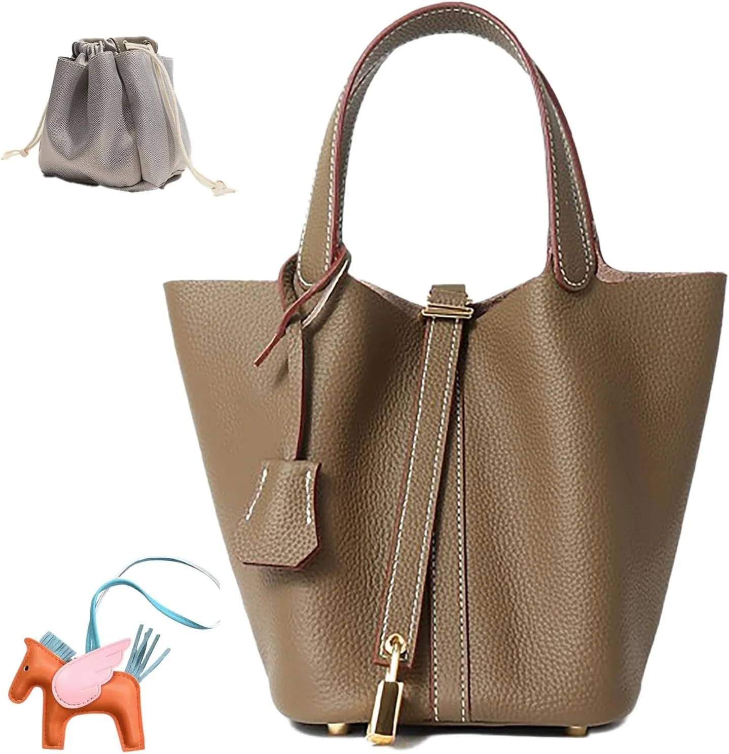 Genuine Leather Women's Bucket Bag Fashionable Lock Closure, Elegant Portable Shoulder Bag for Daily Use fashion Female Bag