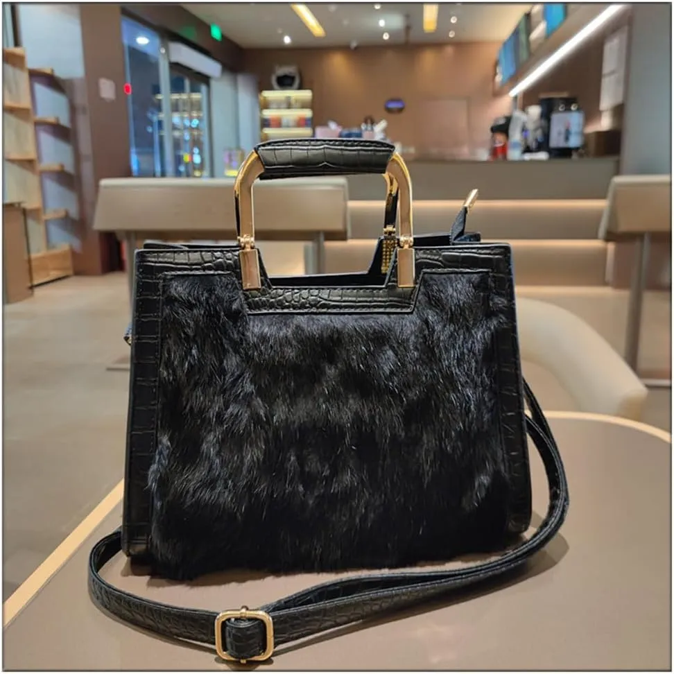 Genuine Leather Women's Top Handle Satchel Crossbody Handbags Fur Shoulder Purses Large Capacity Portable Tote Bags
